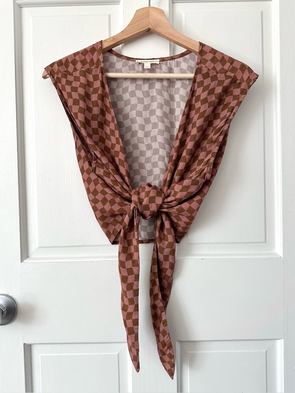 Whimsy + Row Valentina Tie Top Terracotta Check 100% Linen Size M
